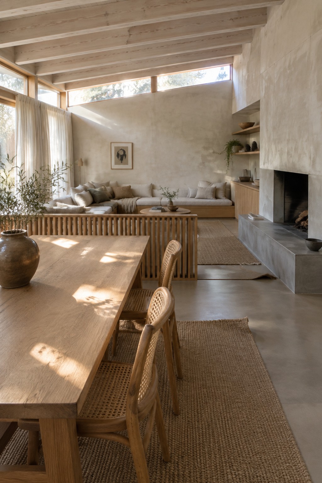A slatted wood divider separates a dining table and cane chairs from a living area with a sectional sofa and fireplace.