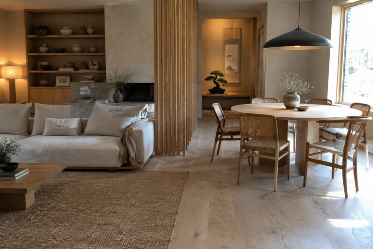 A wood slat divider separates a living area with a sofa from a dining area with a round table.