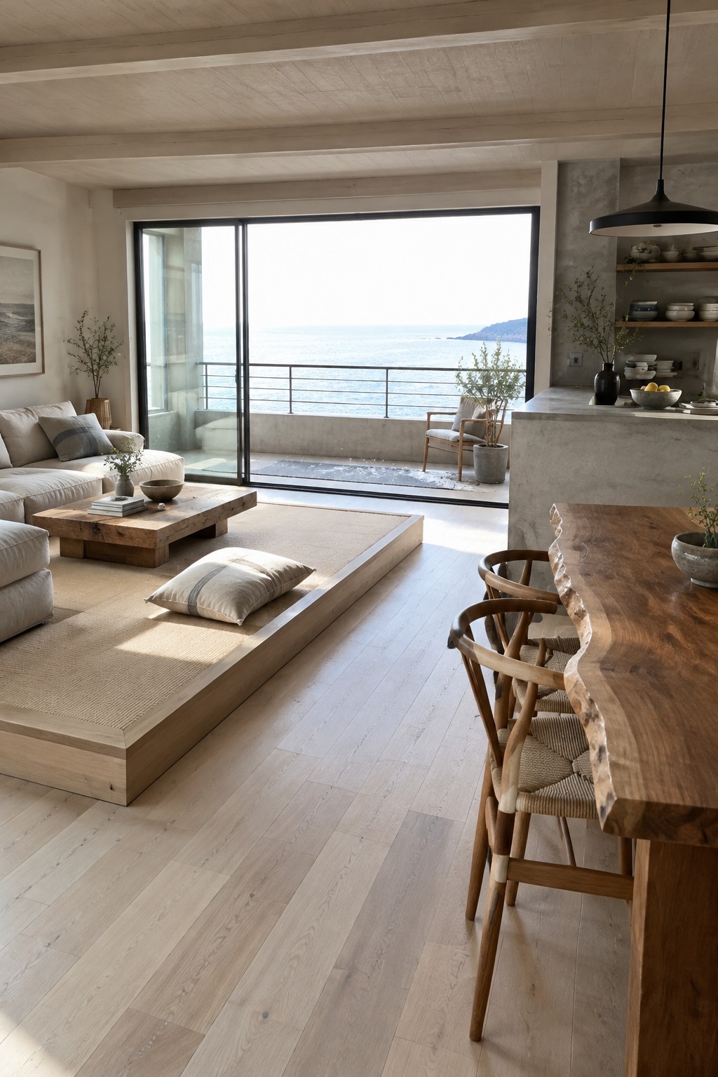 An open-plan living and dining room with a raised rug-covered seating area beside a kitchen island and wooden dining table.