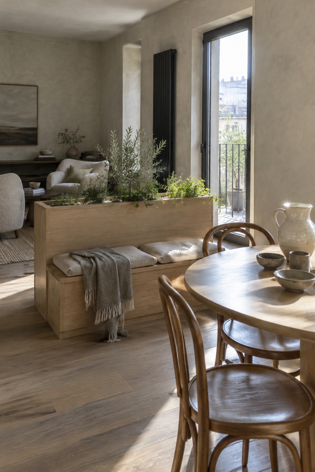 A long wooden planter bench separates a dining table from a living area with upholstered chairs.
