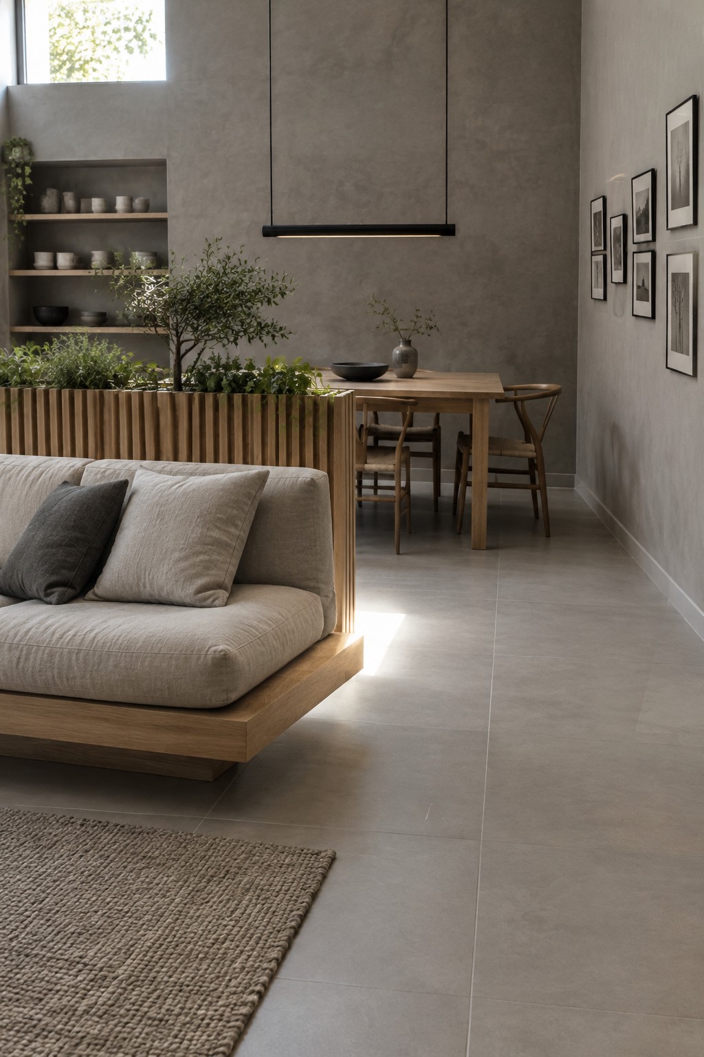 A low wood-slat planter separates a sofa from a dining table in an open-plan room.