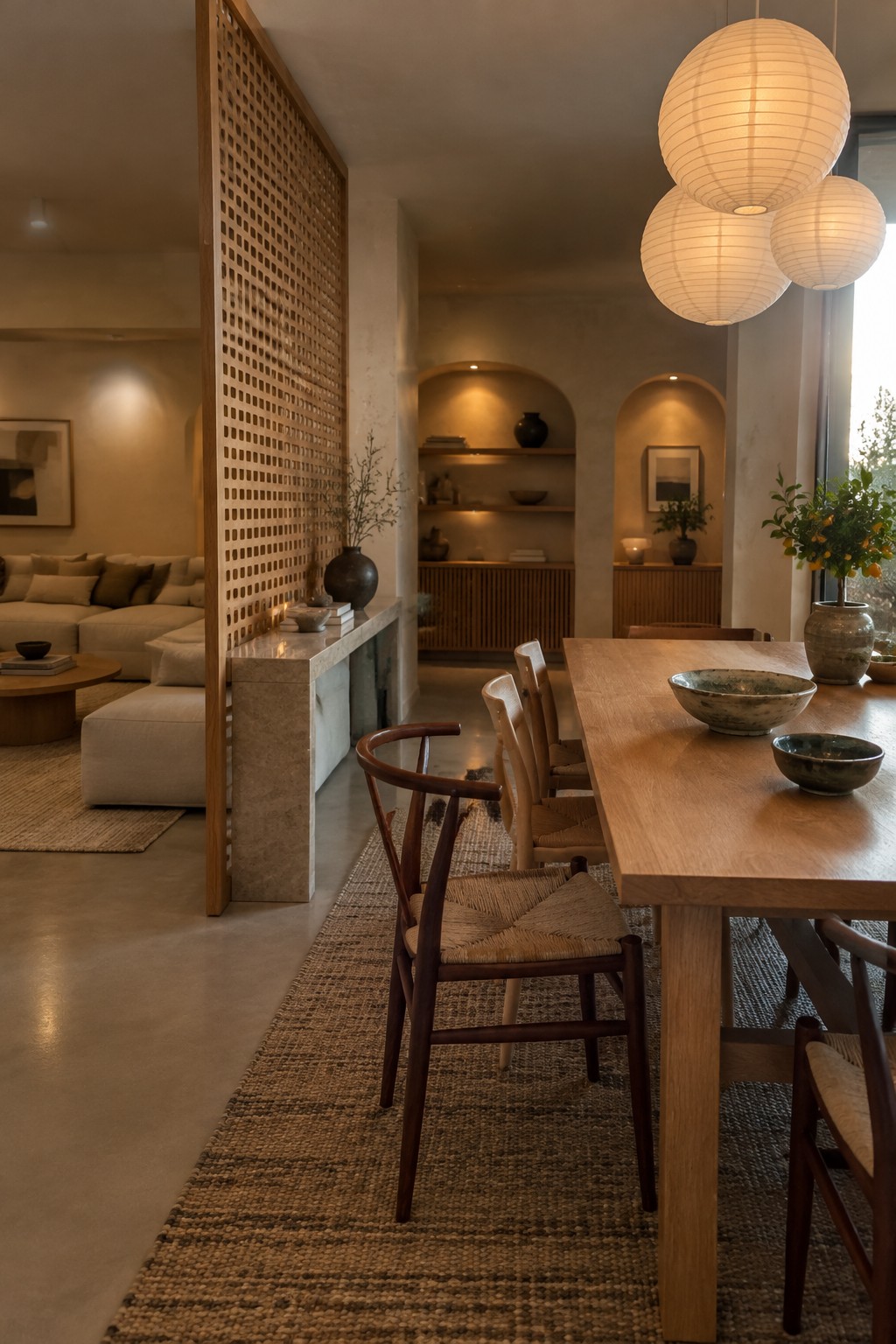 A warm-toned open-plan room with a living area beside a slatted wood divider and console, and a dining table with wooden chairs.