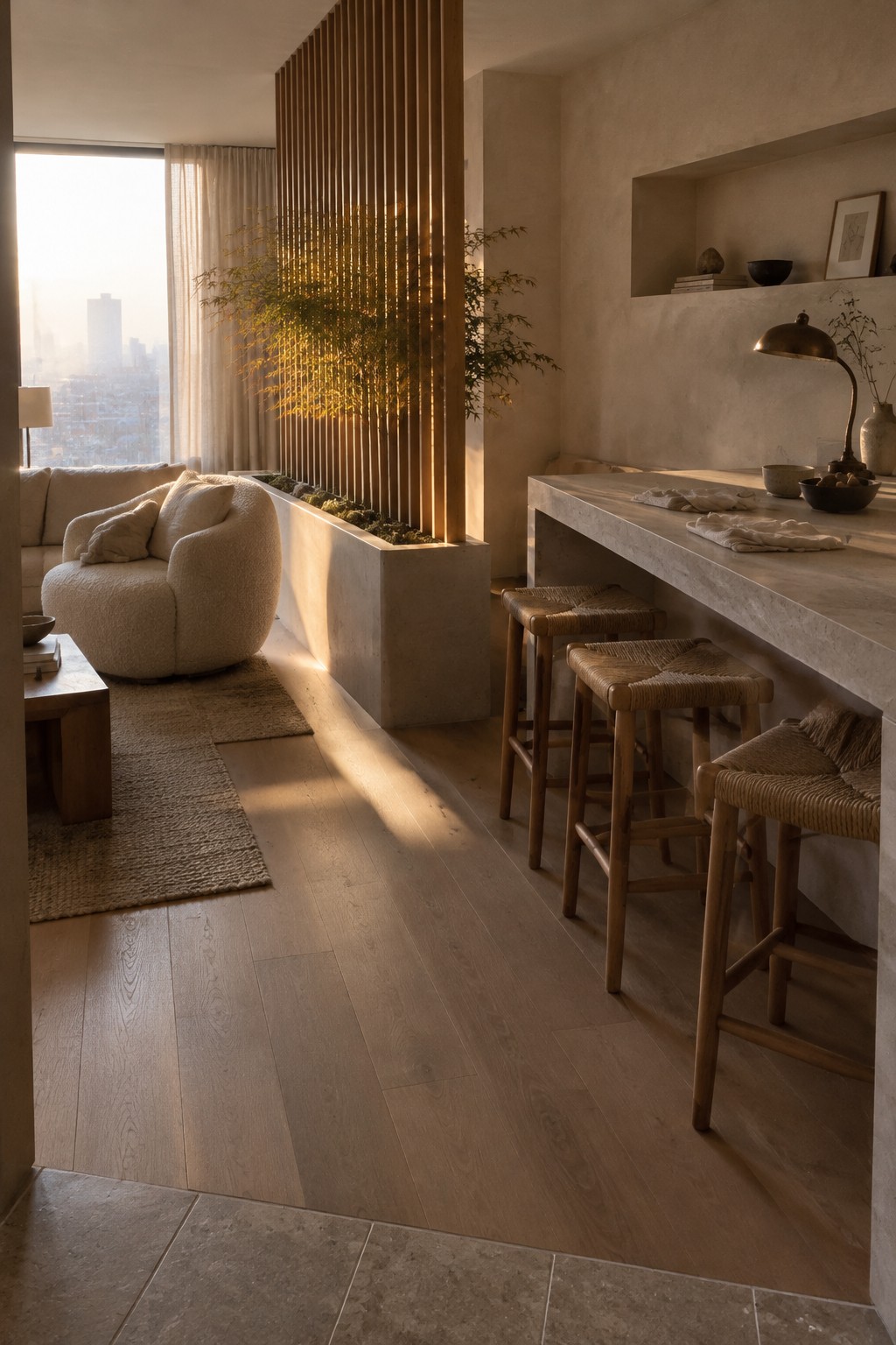 A low rectangular planter and vertical wooden slats separate a living area from a dining counter with stools.