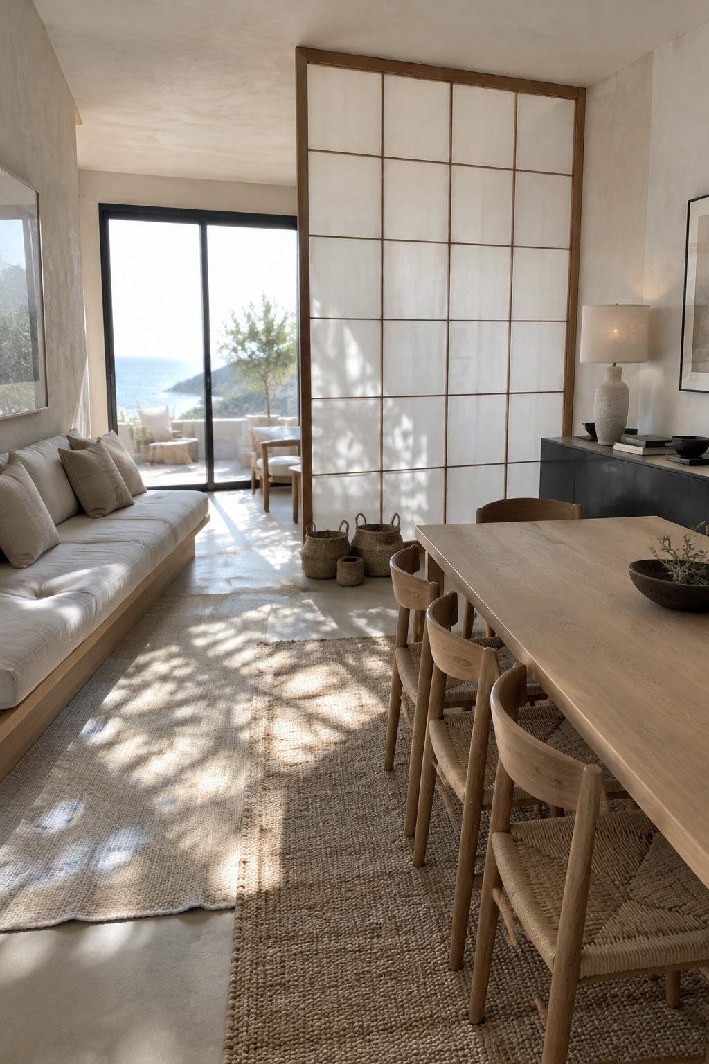 A wood-framed screen with pale grid panels separates a dining table from a living area with a sofa and glass doors.