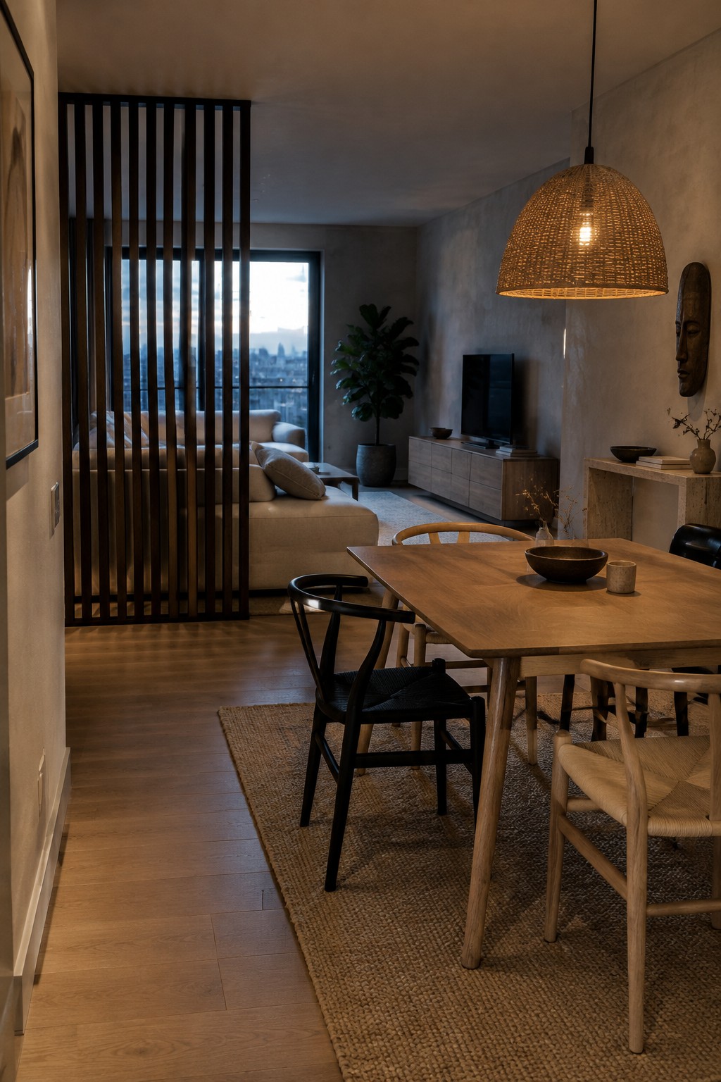 A dark vertical slatted divider separates a beige sofa from a dining area with a wooden table and chairs.