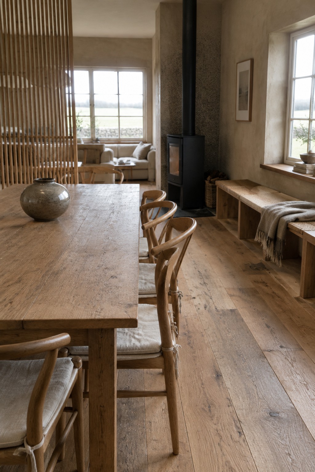 An open-plan room with a wooden dining table, a sofa behind a slatted divider, and a black wood stove between the two areas.