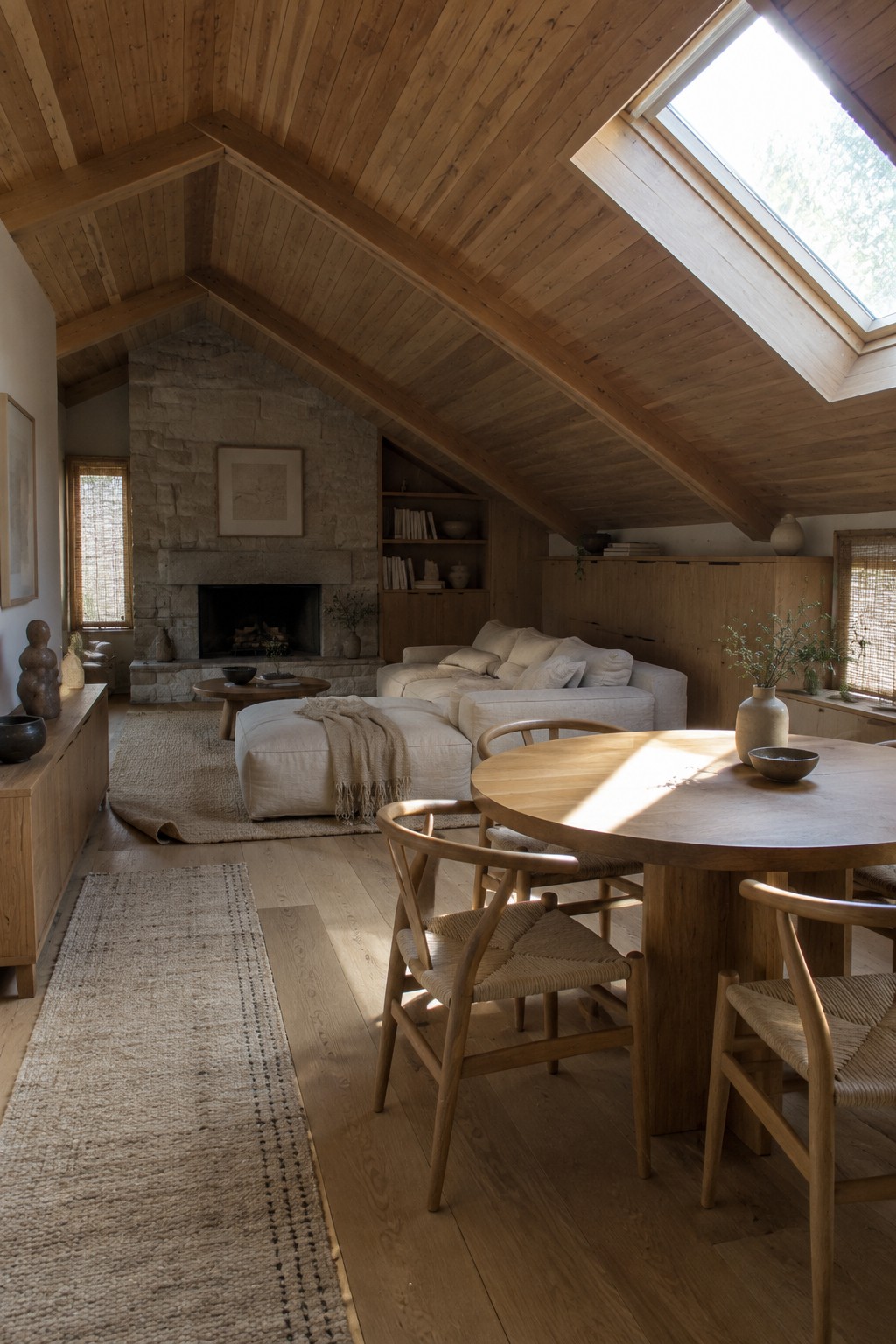 An open-plan attic living and dining room with a sloped timber ceiling, stone fireplace, pale sofa, and round wooden dining table.
