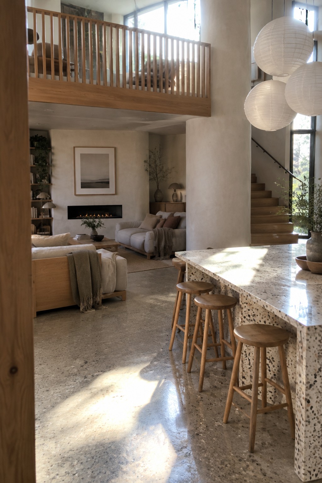 An open-plan interior with a stone kitchen island and wooden stools in the foreground, a living area beyond, and a wood-railed mezzanine above.