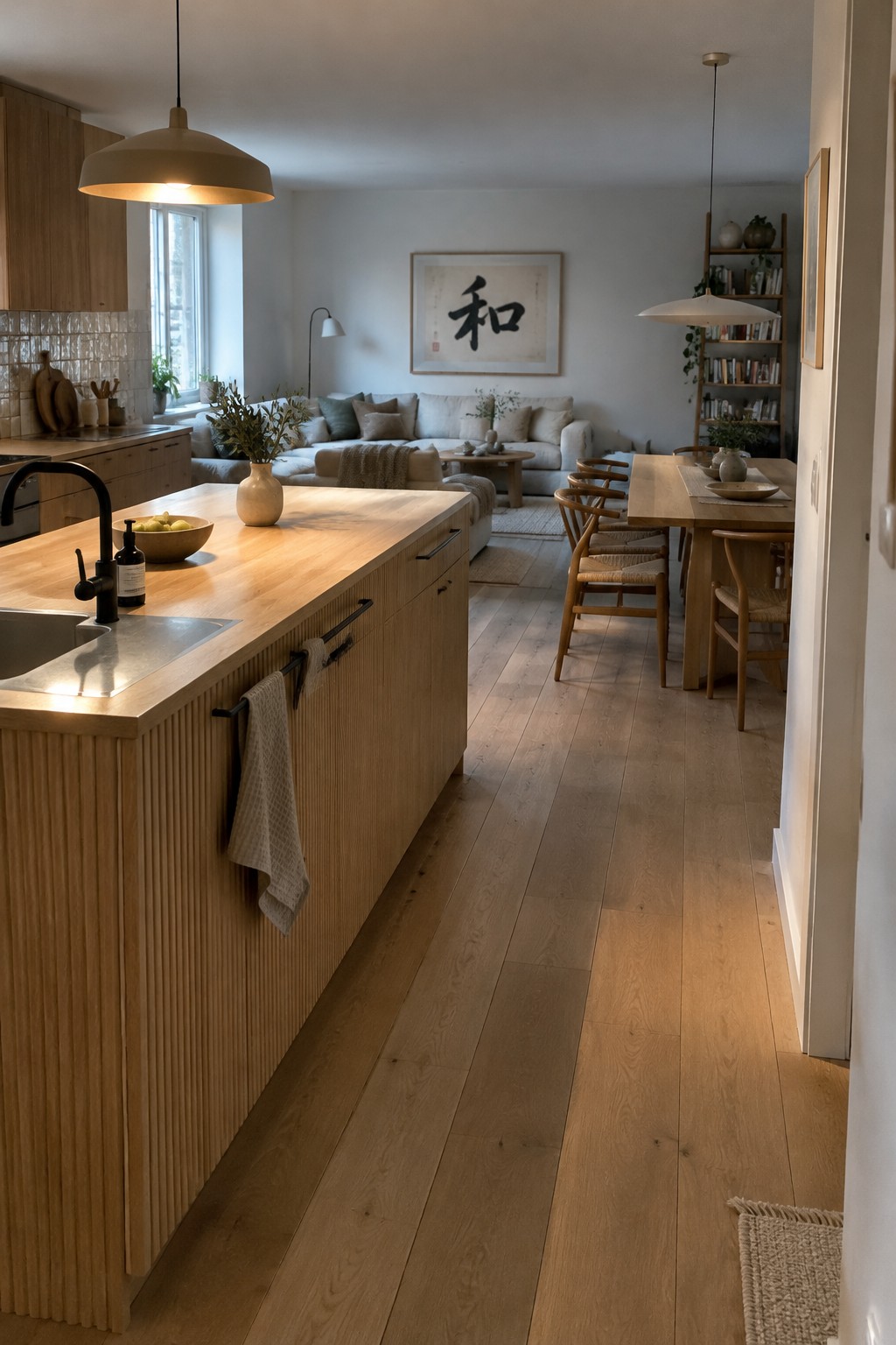 A wood kitchen island sits in the foreground of an open-plan room, with a dining table and living area beyond.