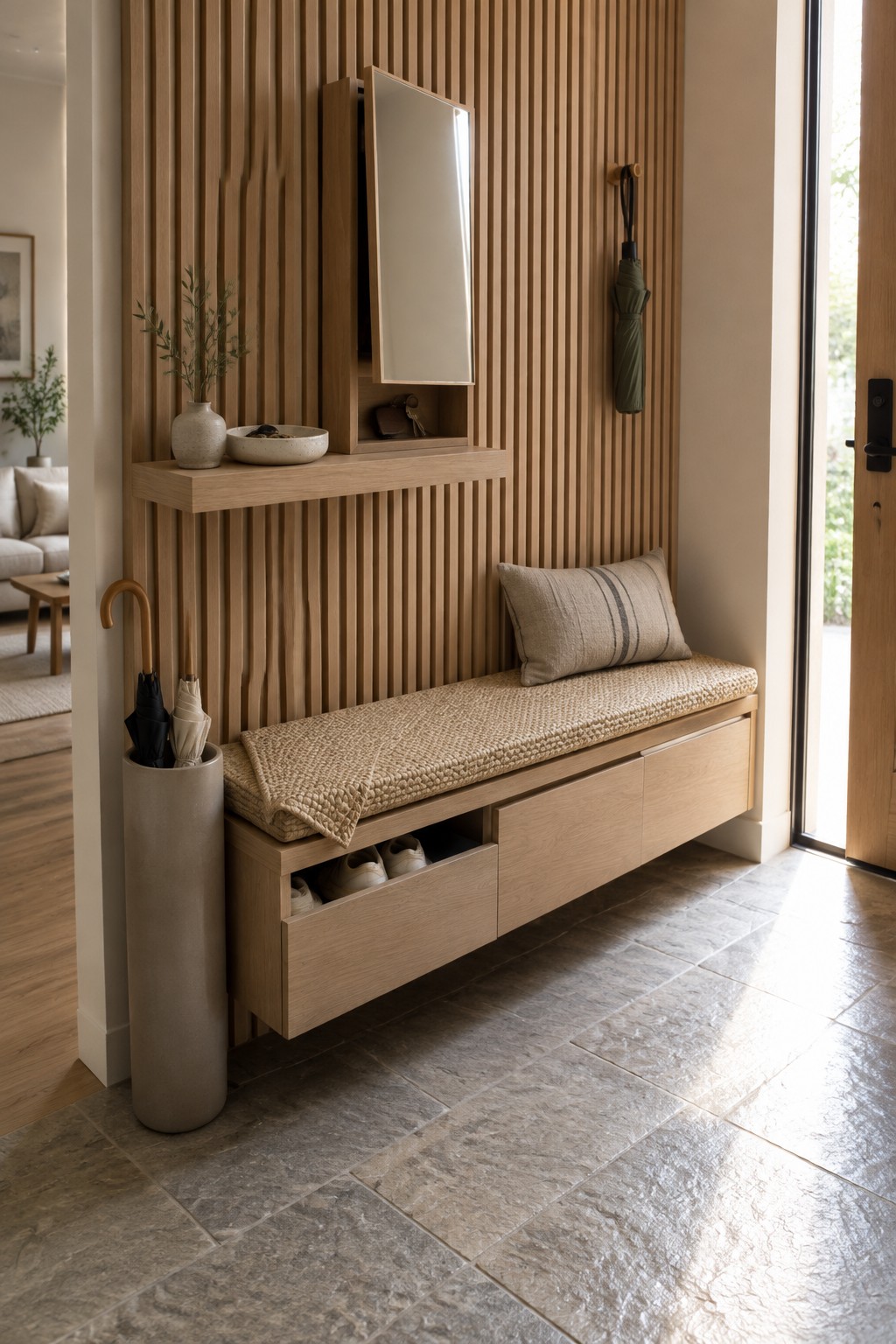 A built-in wood entry bench with drawers, an open shoe cubby, vertical wall slats, and a cushioned seat sits beside the front door.