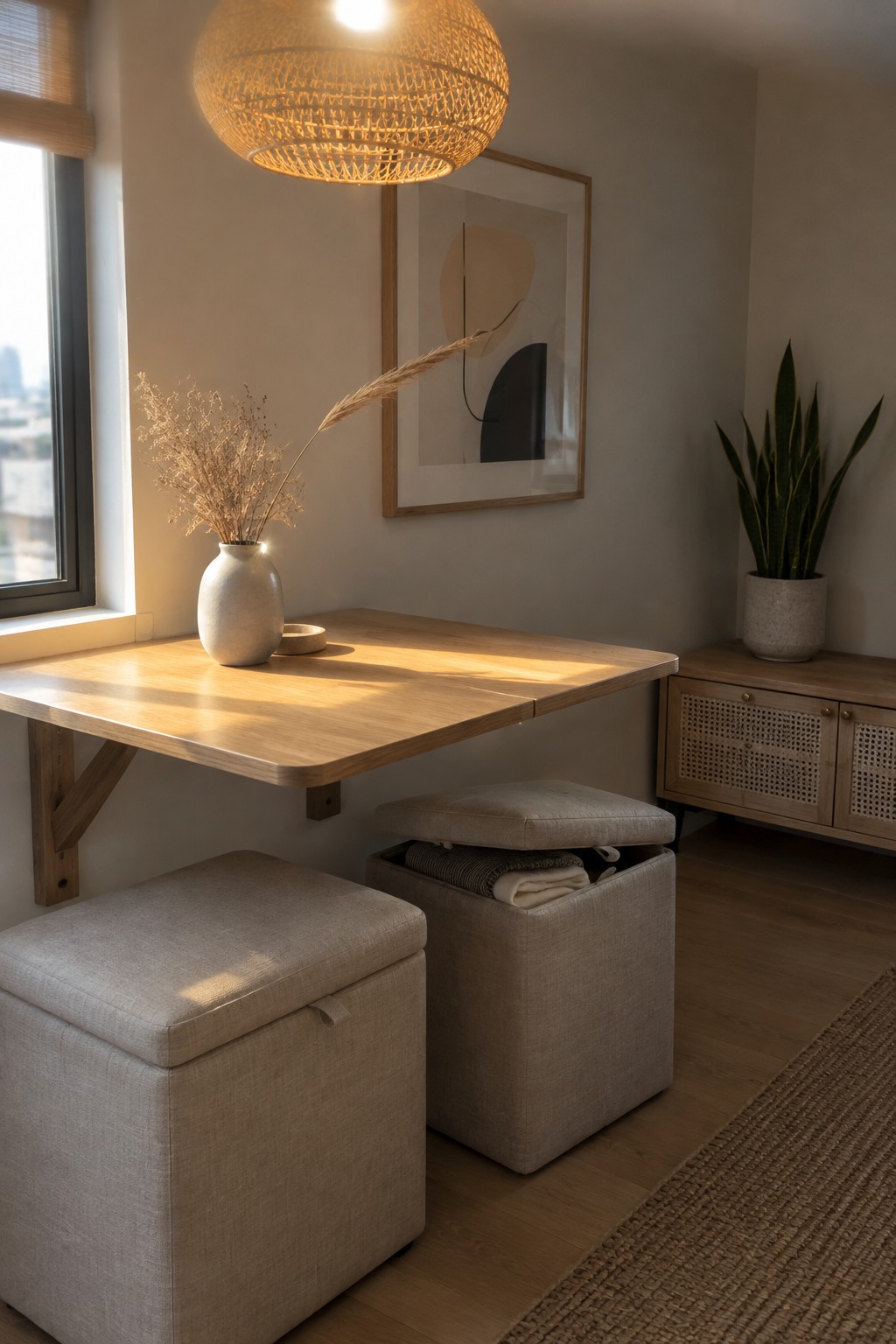 Two upholstered storage ottomans sit beneath a wall-mounted wooden table in a small dining area.