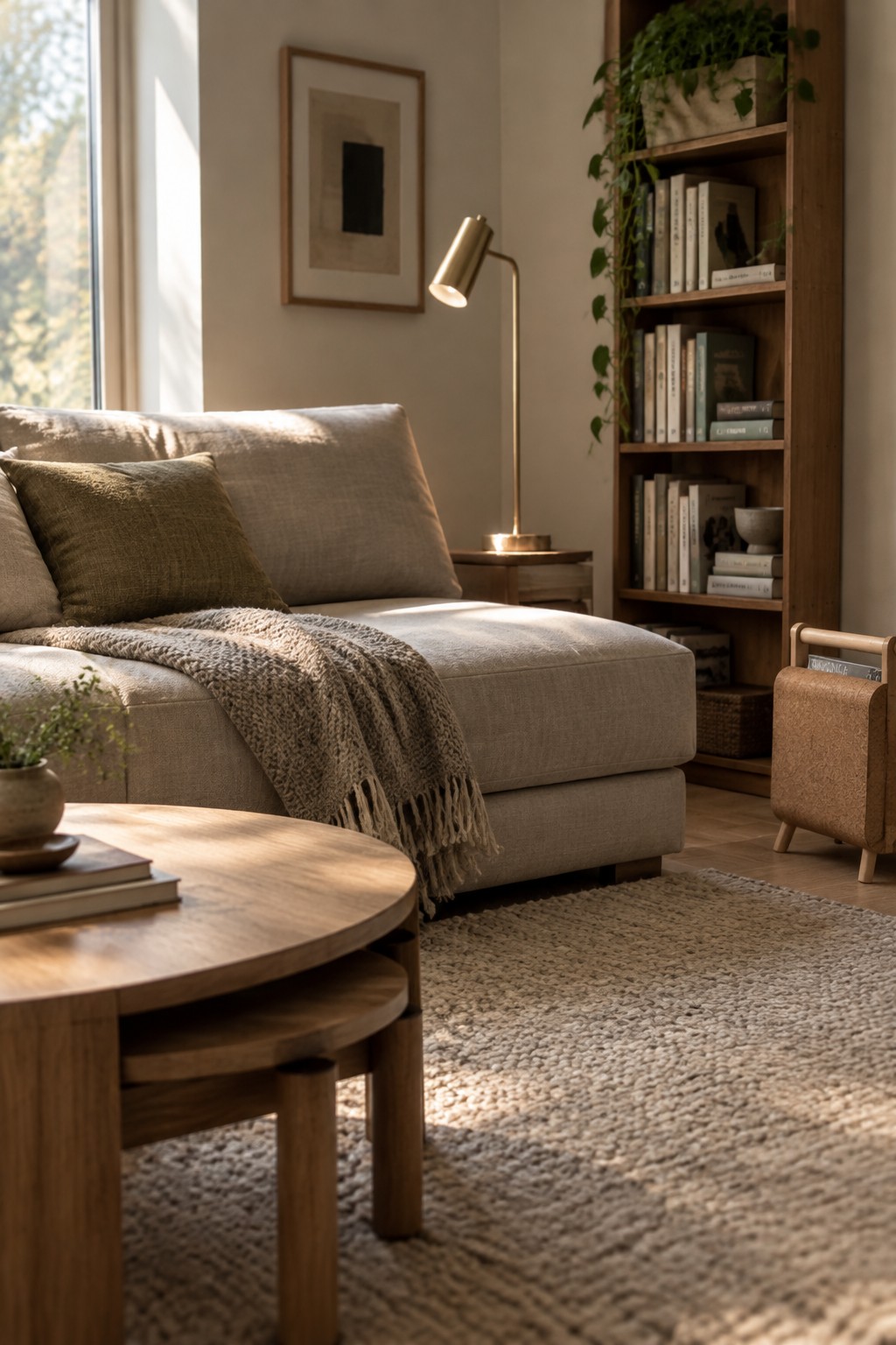 A beige chaise sectional sits beside a wooden coffee table and a tall bookcase in a sunlit living room.