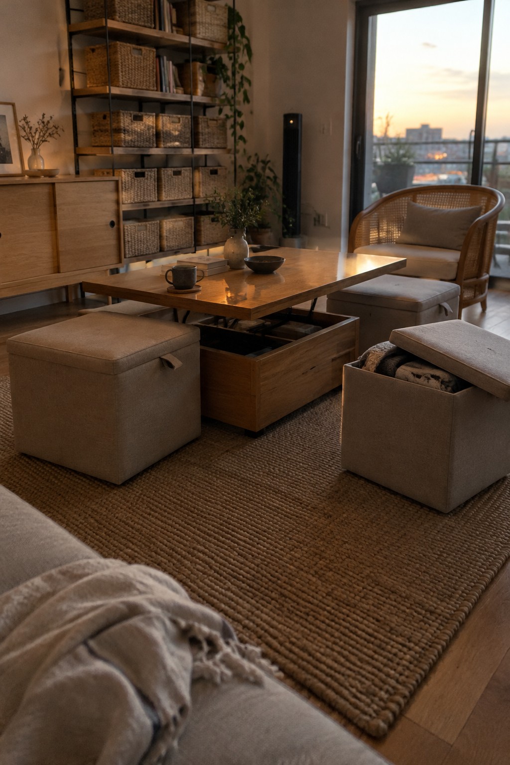 Two beige storage ottomans sit beside a wooden lift-top coffee table in a living room.
