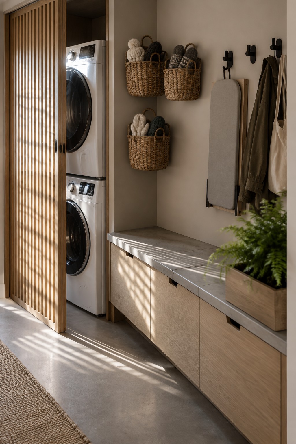 A stacked washer and dryer sit behind a slatted wooden sliding door beside a built-in bench and wall-mounted baskets.