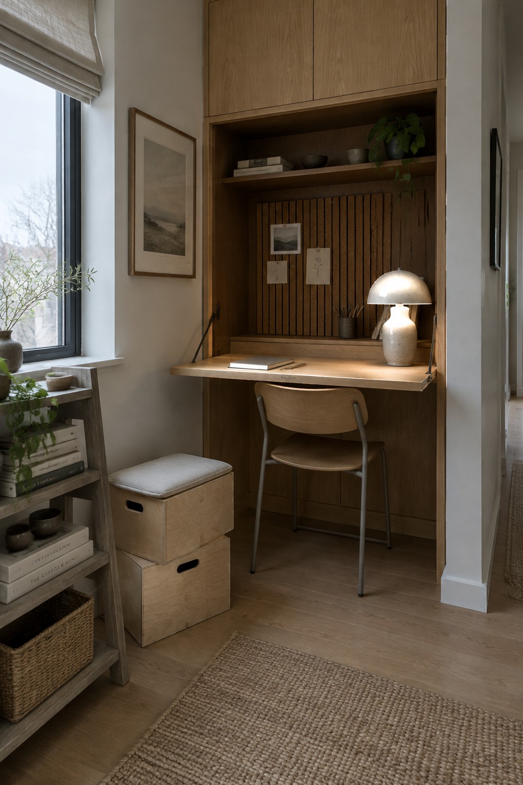 A fold-down wooden desk is set into built-in cabinetry, with a chair tucked beneath it.