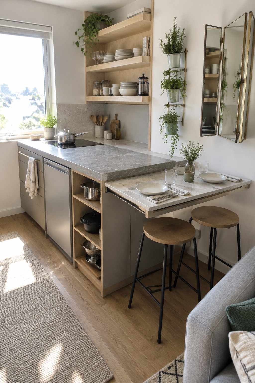 A small kitchen with a stone peninsula, a pull-out dining surface, and two stools.