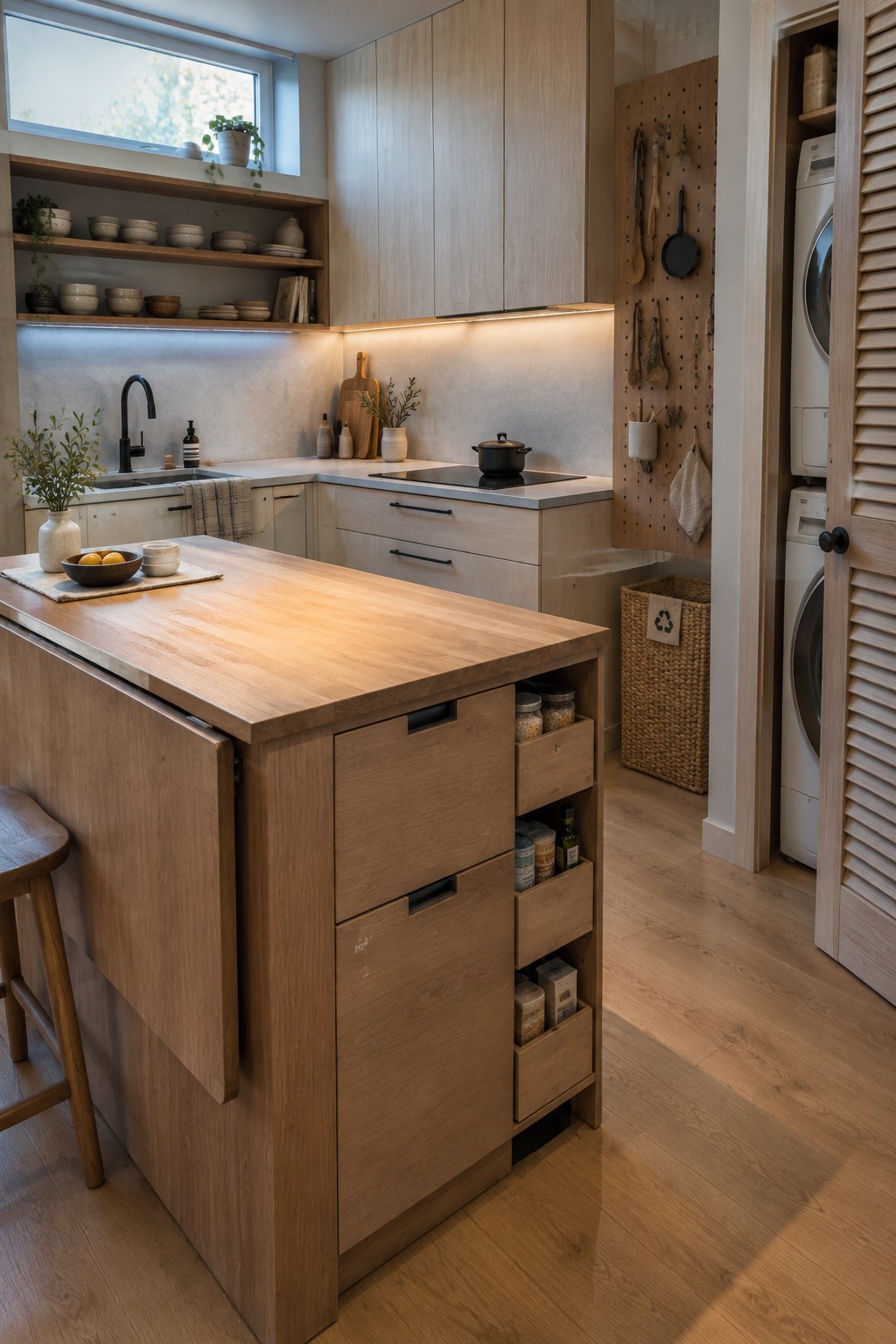 A small wood kitchen island with drawers and open shelves stands in front of light wood cabinets, with a sink and cooktop nearby.