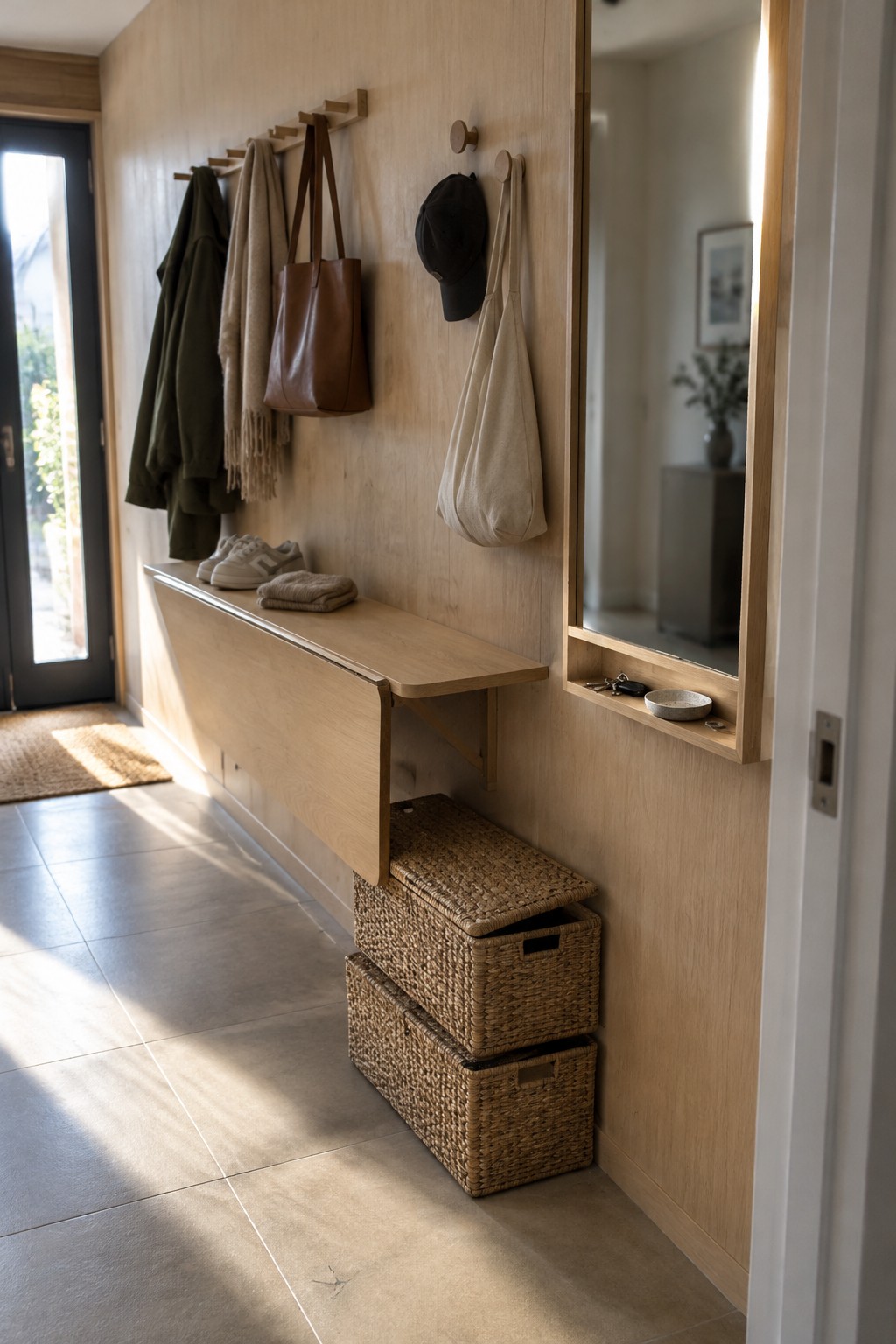 A light wood wall-mounted bench sits above two woven baskets in an entryway with wall hooks, a mirror, and shoes.
