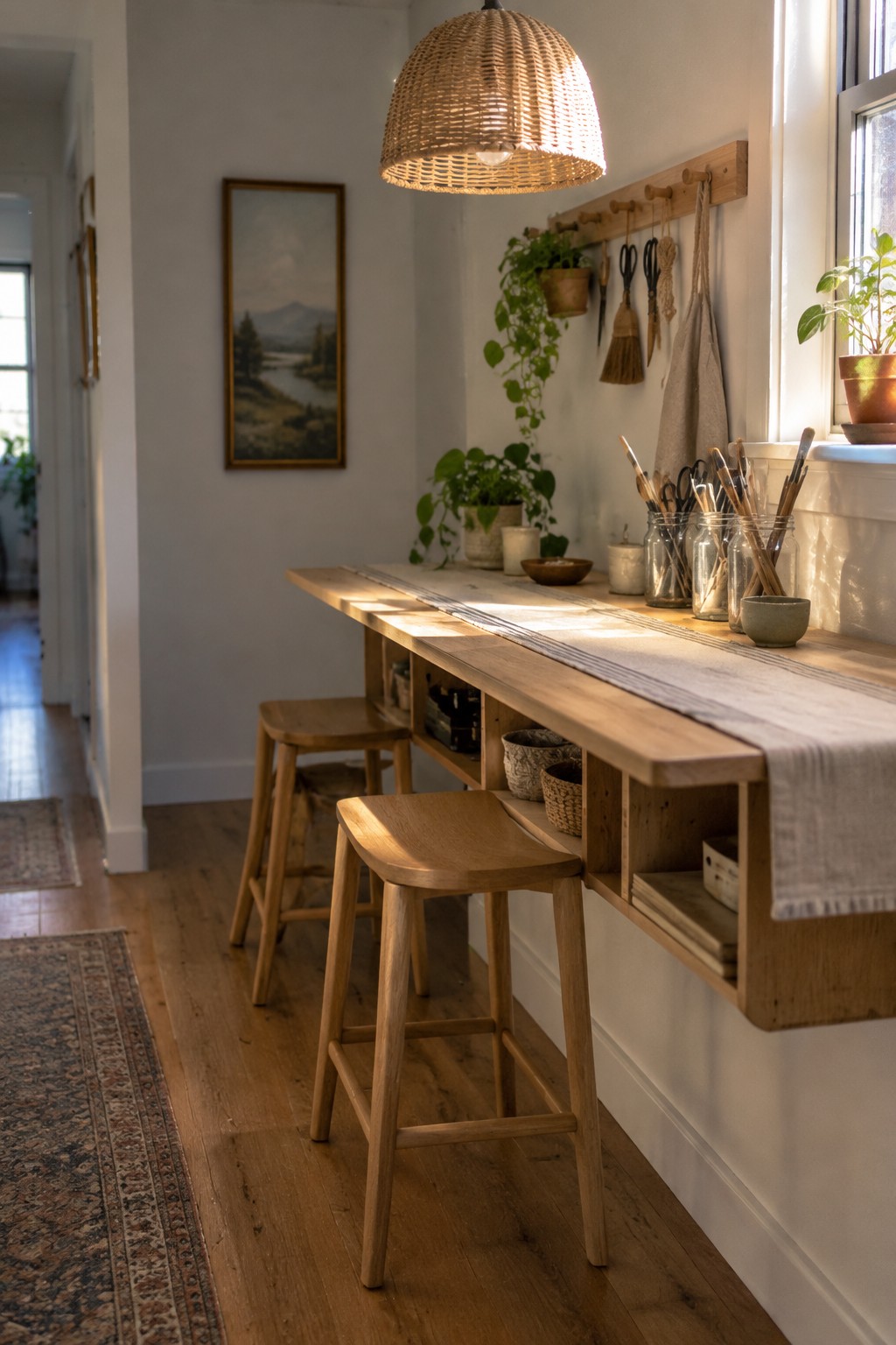 A narrow wooden wall-mounted table with open shelves sits beneath a window, with two wooden stools in front.