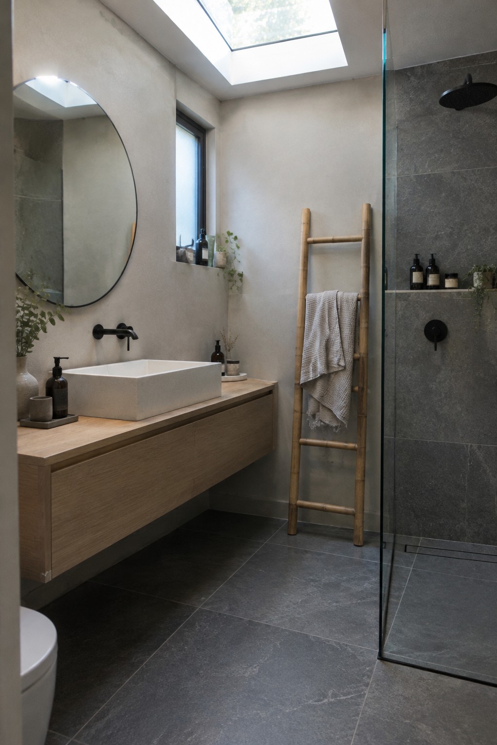 A small bathroom with a floating wood vanity, white vessel sink, round mirror, and glass shower enclosure.