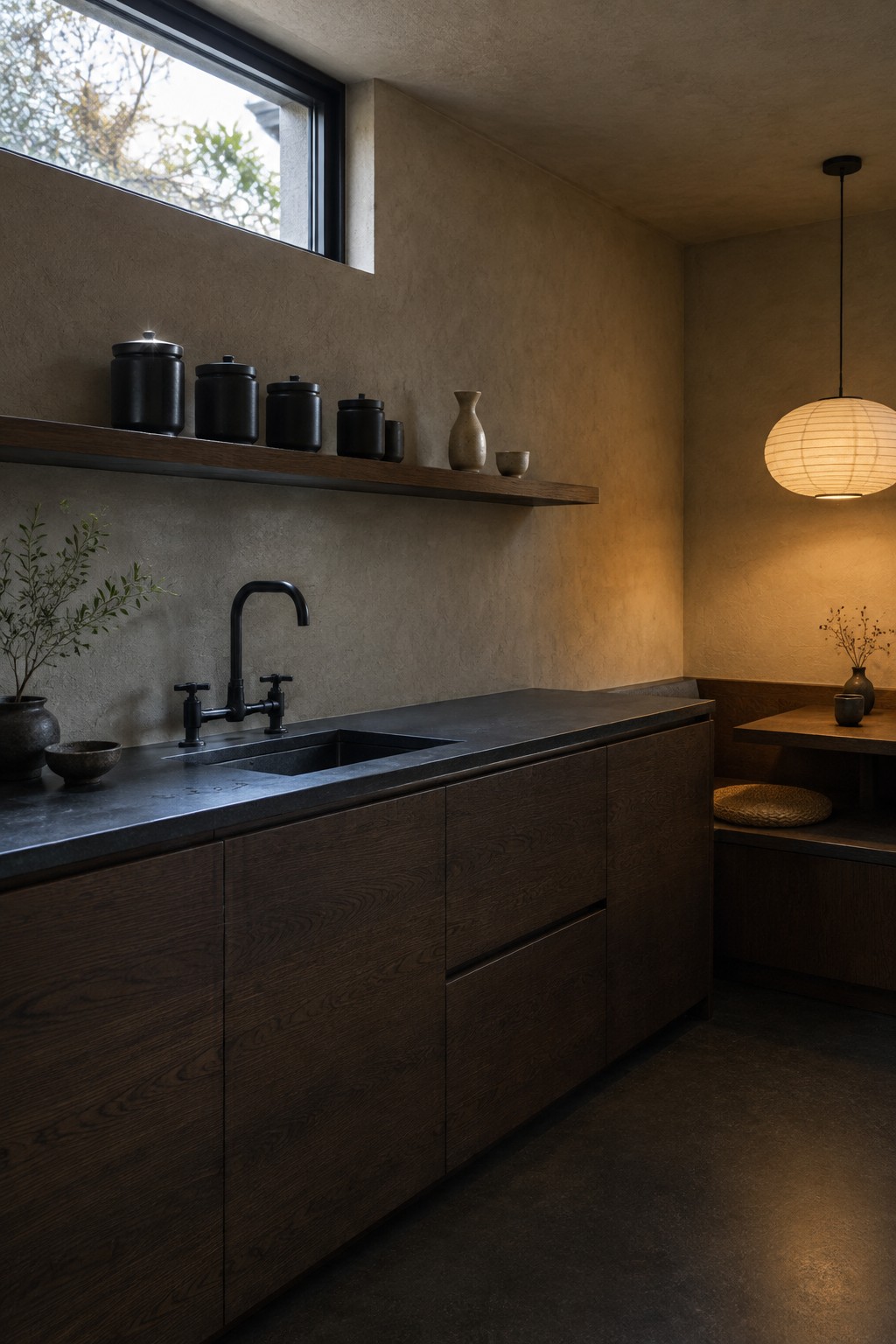 A kitchen with dark wood cabinets, a charcoal countertop, a black faucet, and a long shelf against a textured wall.