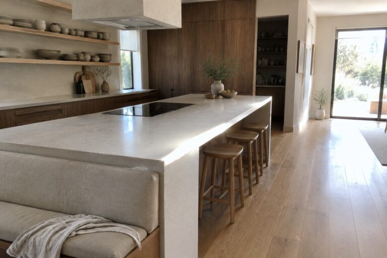 20 Contemporary Japandi Kitchens With Streamlined Wood Cabinetry A contemporary kitchen with flat-panel wood cabinets, a pale stone island, open shelves, and a sliding glass door.