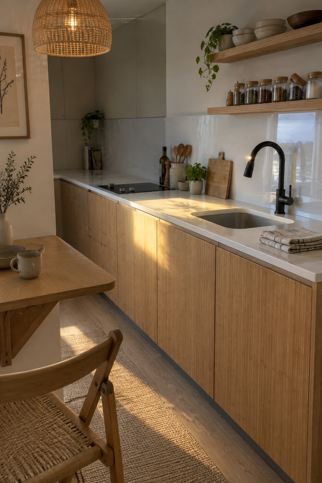 A narrow kitchen with pale wood cabinets, a white countertop, open shelves, and a black faucet.