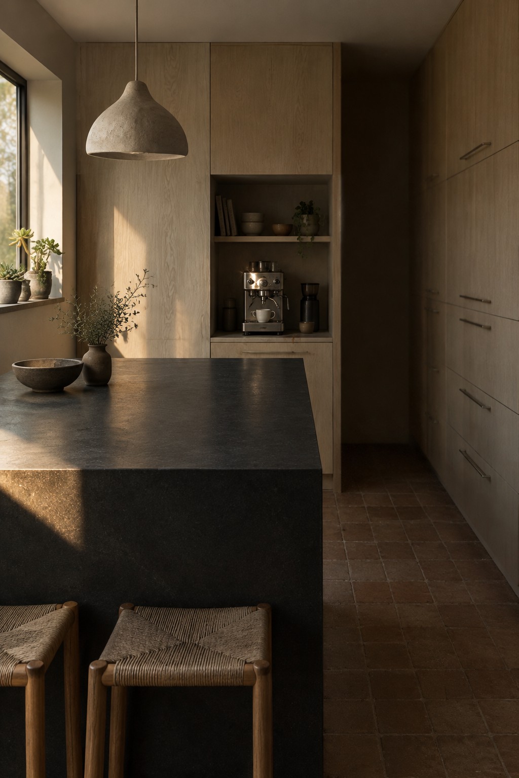 A narrow kitchen with tall wood cabinets, a dark island, and a recessed shelf holding a coffee machine.