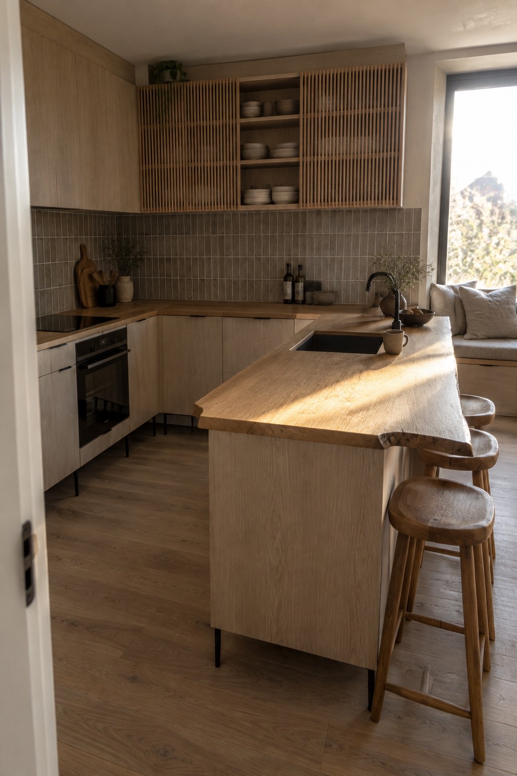 A Japandi kitchen with light wood cabinets, slatted upper doors, an open shelf of dishes, and a wood island.