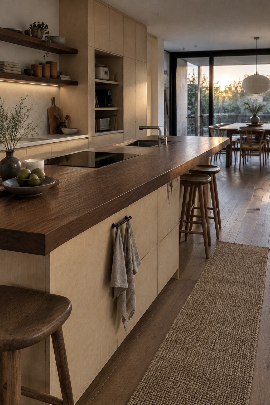 A wood-topped kitchen island with a sink and cooktop sits in front of pale wood cabinetry, with stools along one side.