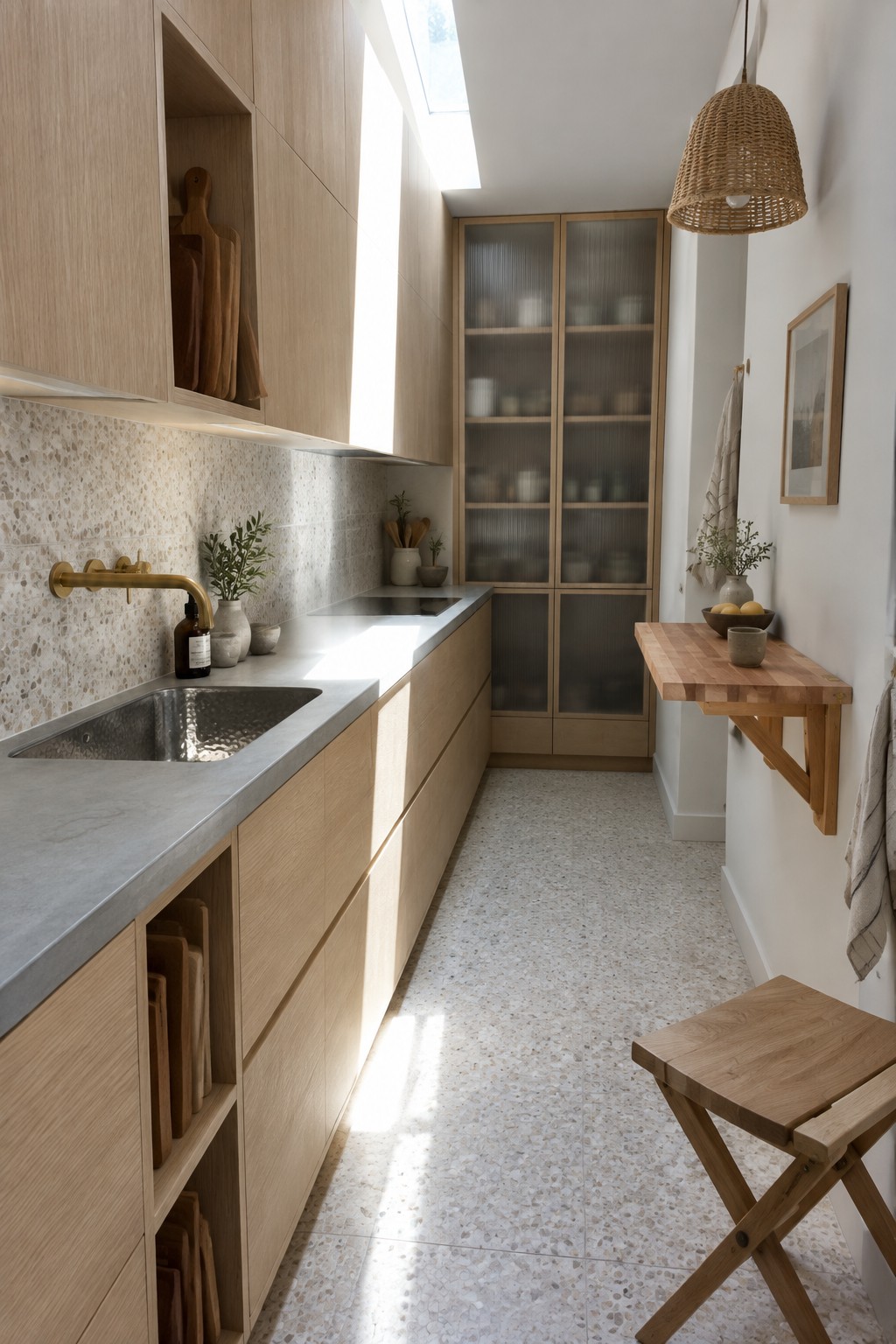 A narrow kitchen with light wood cabinets, a gray countertop, a tall glass-front cabinet, and a small wall-mounted table.