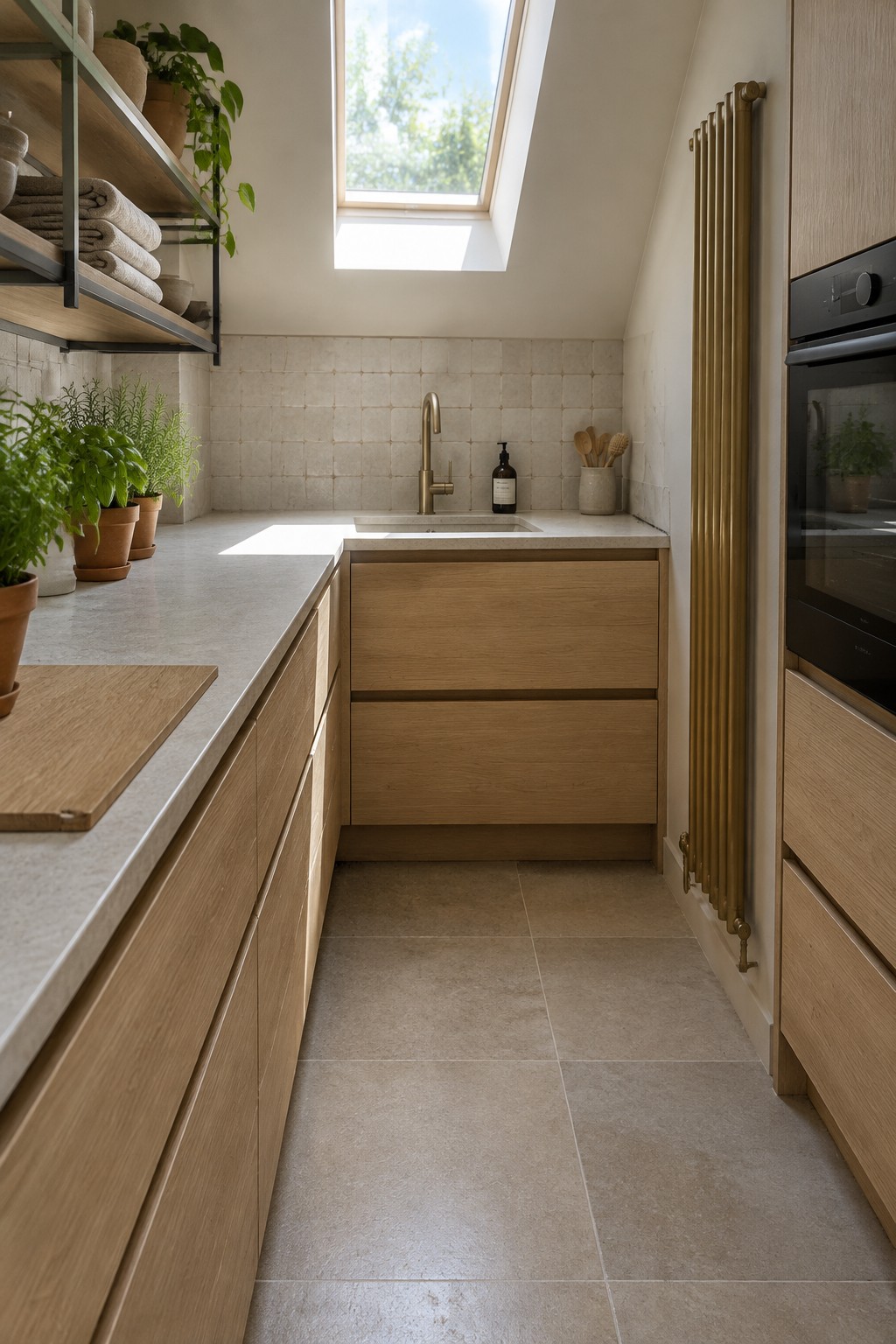 A narrow kitchen with light wood cabinets along both sides, a pale countertop, a sink beneath a skylight, and open shelves holding plants and towels.
