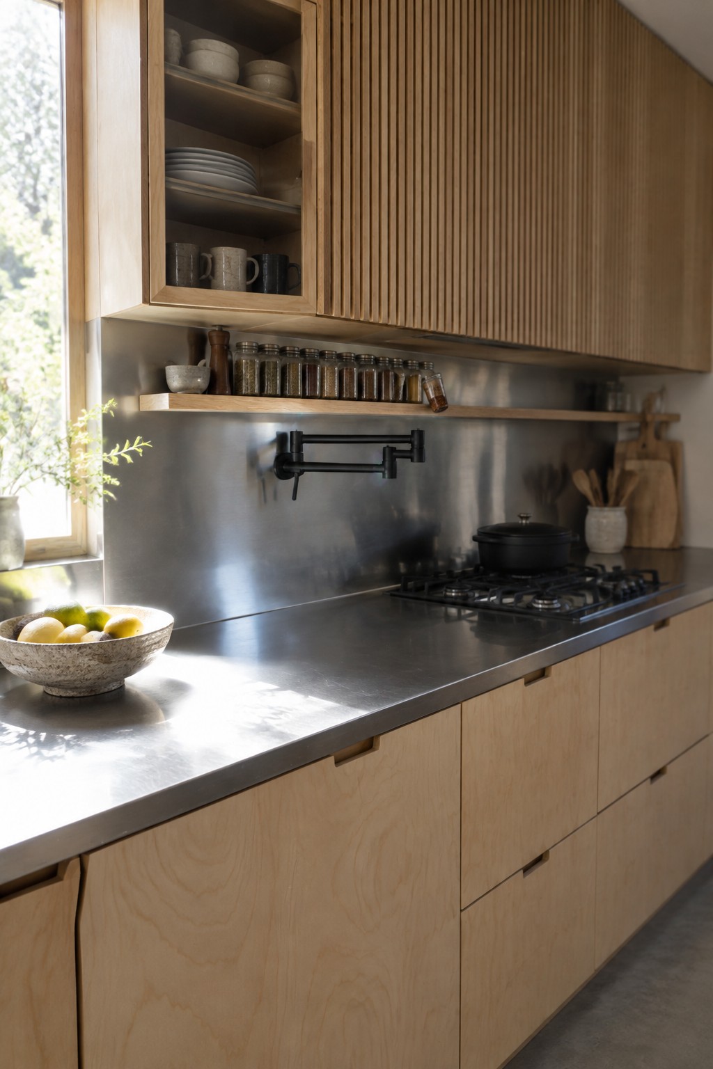 A kitchen with pale wood cabinets, a stainless steel countertop and backsplash, a gas cooktop, and a wooden shelf holding jars.