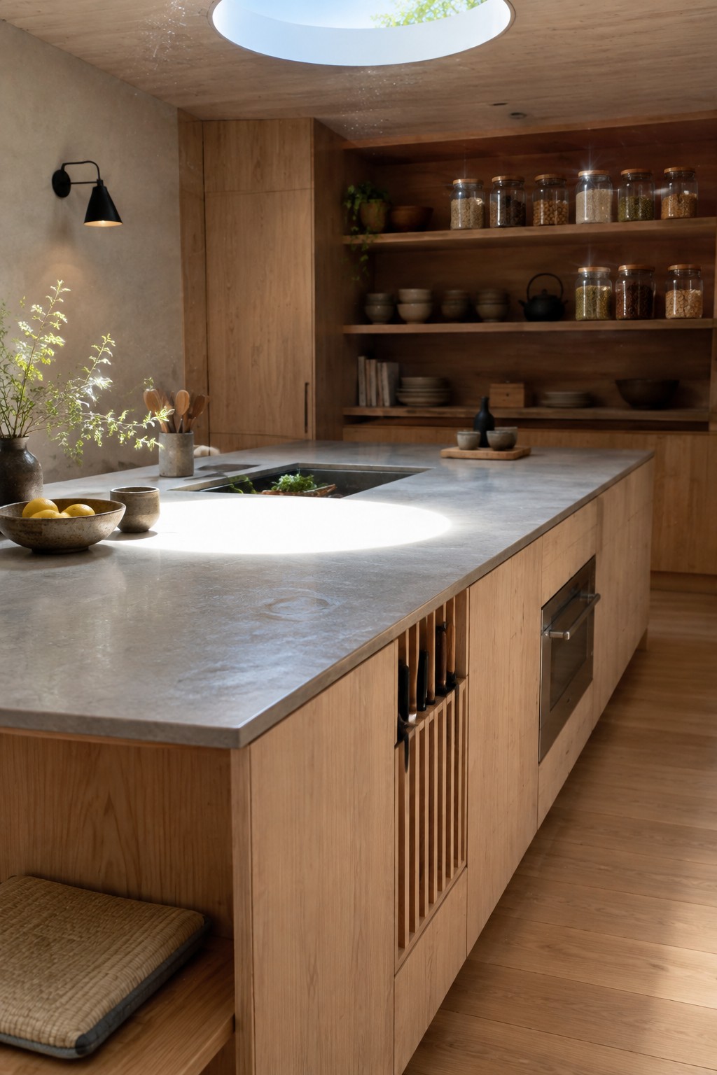 A wood-cabinet kitchen with a large stone island, open shelves, and a round skylight.