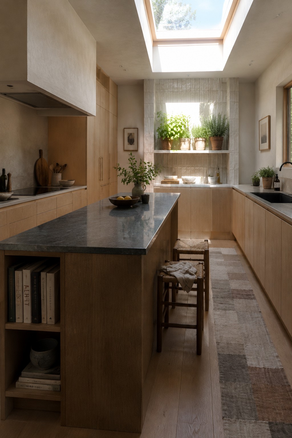 A narrow kitchen with light wood cabinets, a dark stone island, a tiled plant niche, and a large skylight.