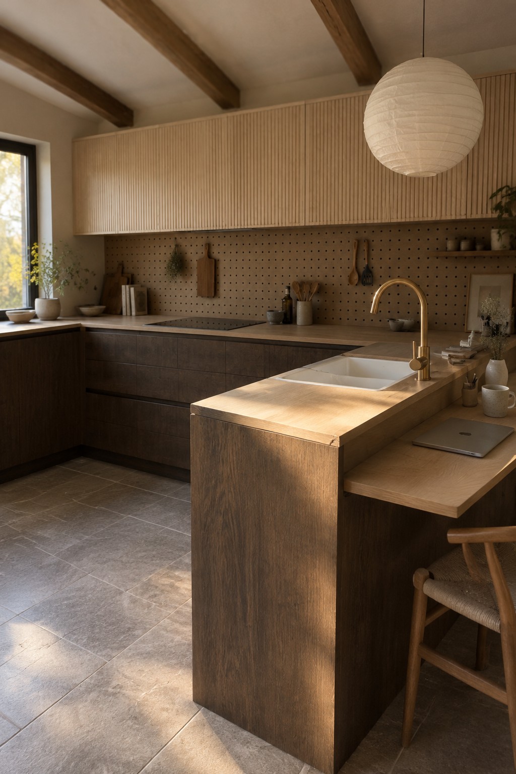 A kitchen with wood cabinetry, a wood island with a white sink and brass faucet, and a dark pegboard backsplash.