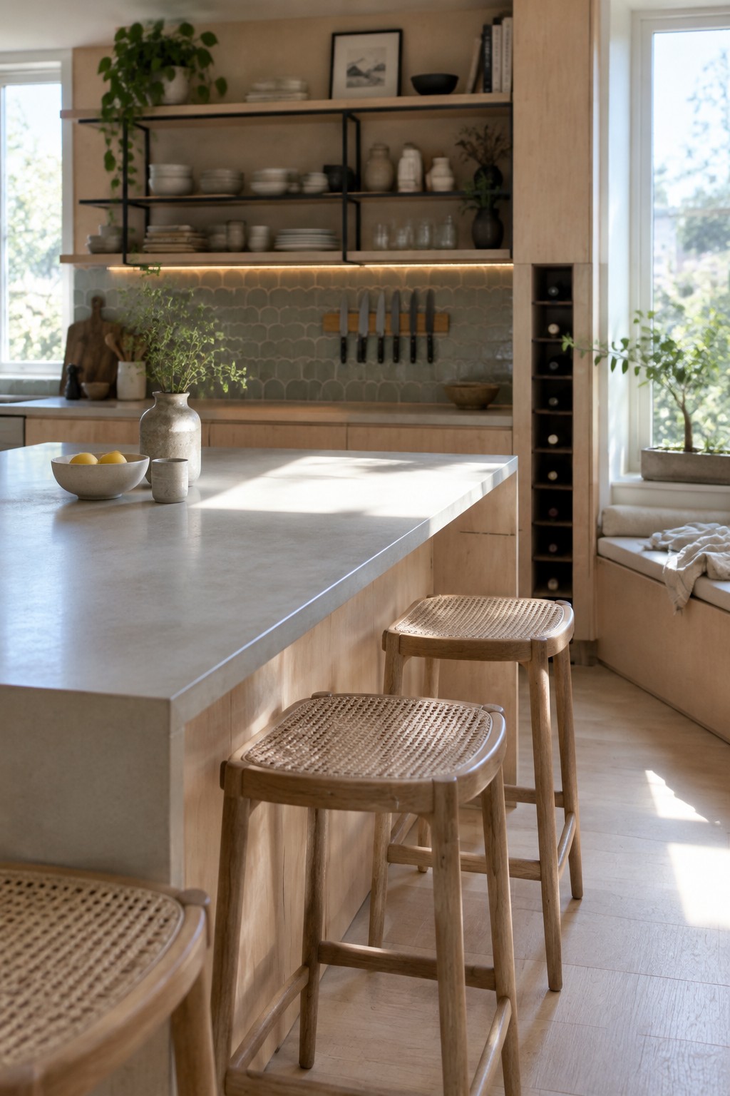 A contemporary kitchen with light wood cabinetry, open shelves holding dishes, a large island, and woven-seat stools.