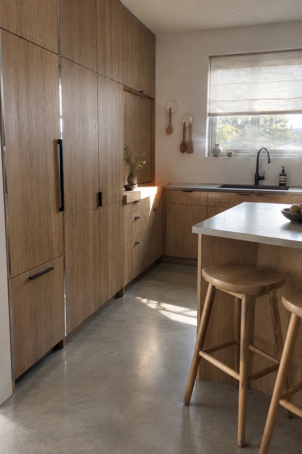 A contemporary kitchen with tall wood cabinets, a pale stone island, and a window above the sink.