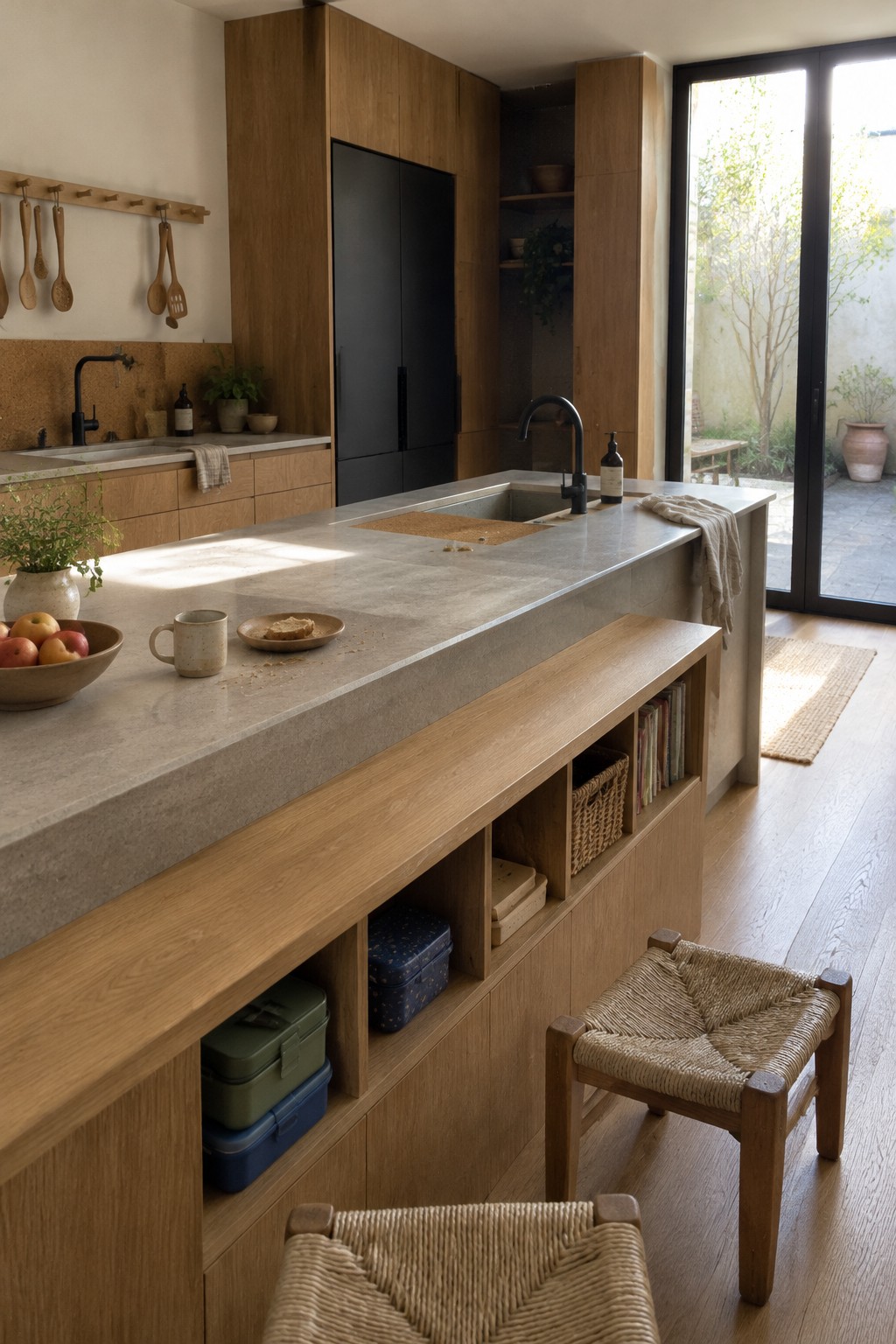 A wood-paneled kitchen with a stone island, open storage cubbies, a built-in bench, and a sink.