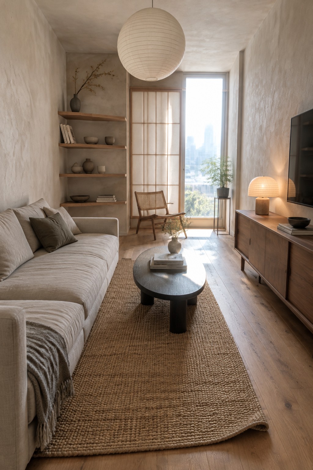 A narrow living room has a sofa along one wall, a low coffee table in the center, and a wooden media cabinet opposite.
