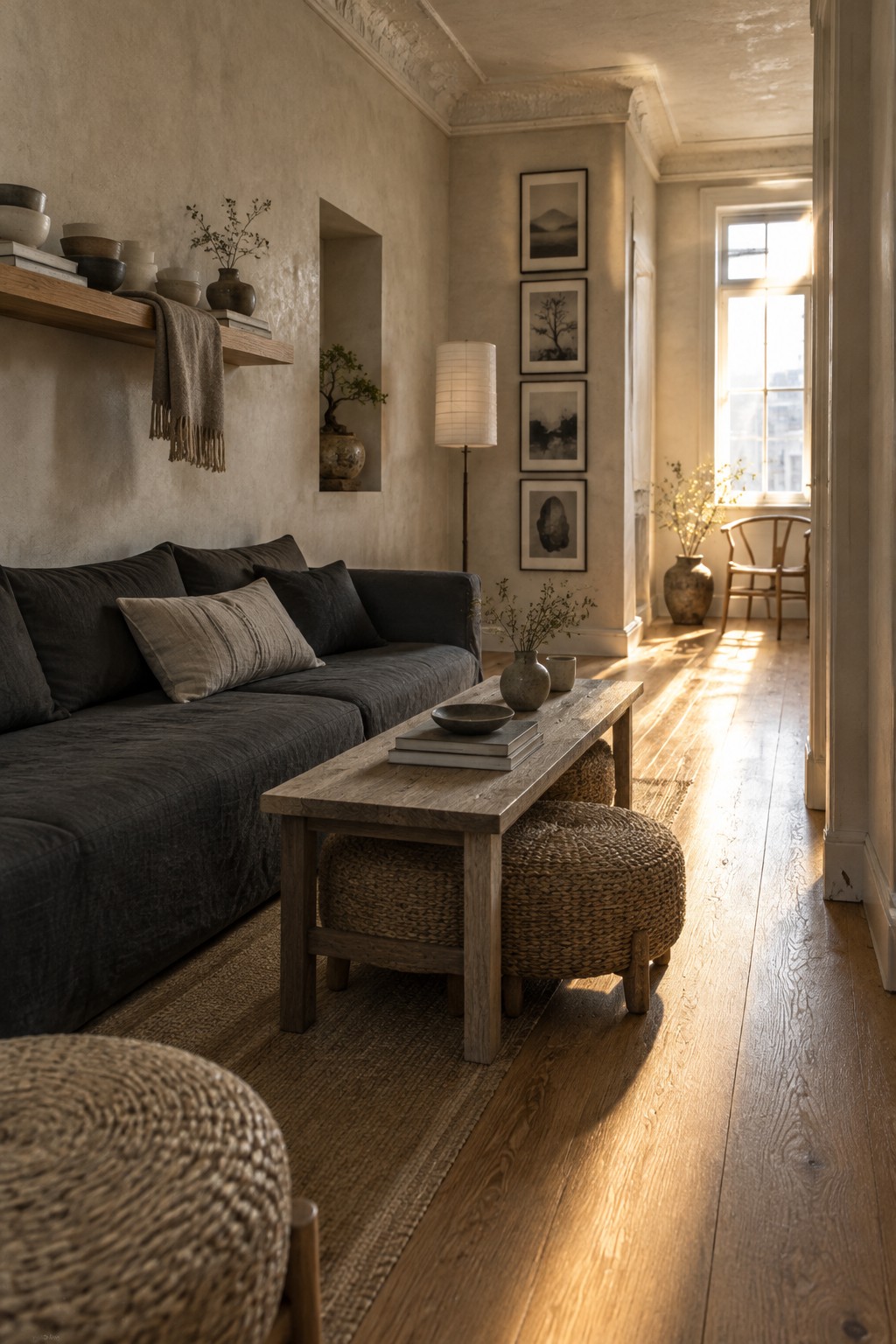A charcoal sofa and narrow wood coffee table sit along a woven rug in a long living room with a clear walkway.