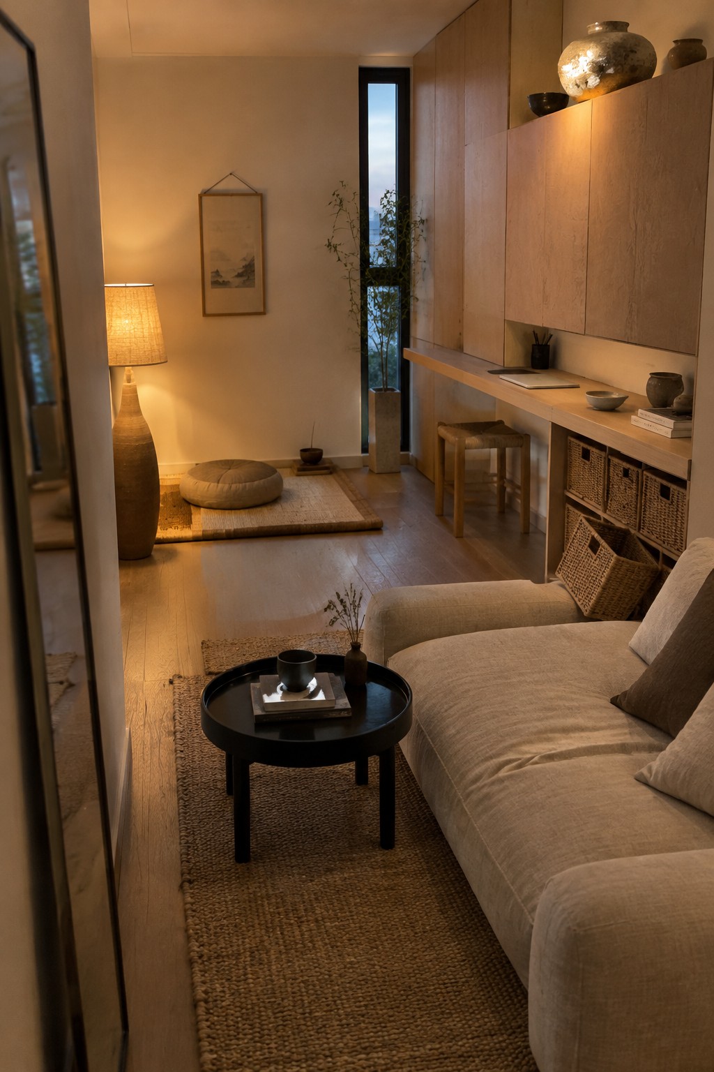 A narrow living room with a long wall-mounted desk, a beige sofa, a low coffee table, and woven rugs.