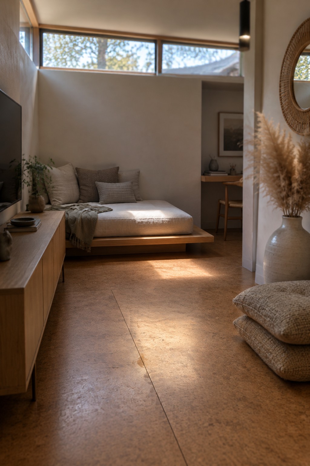 A low wooden daybed with neutral cushions sits in a narrow room beside a wooden media cabinet.