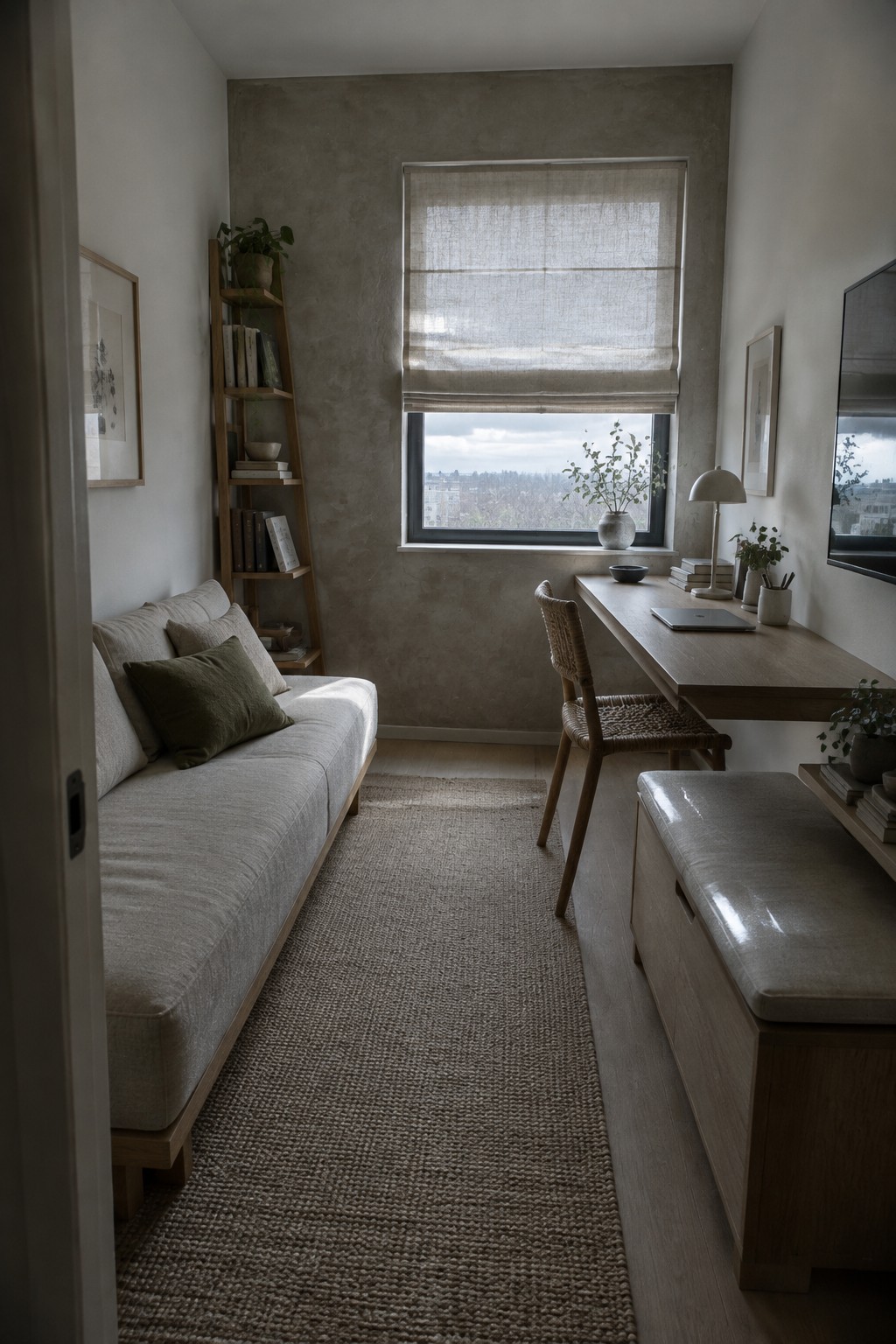 A narrow room with a sofa along one wall and a long wooden desk and chair along the other.