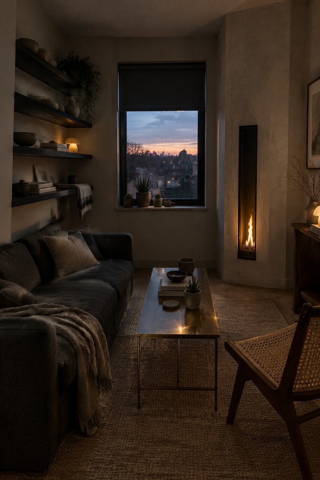 A narrow living room with a dark sofa, a long coffee table, and a slim built-in fireplace.