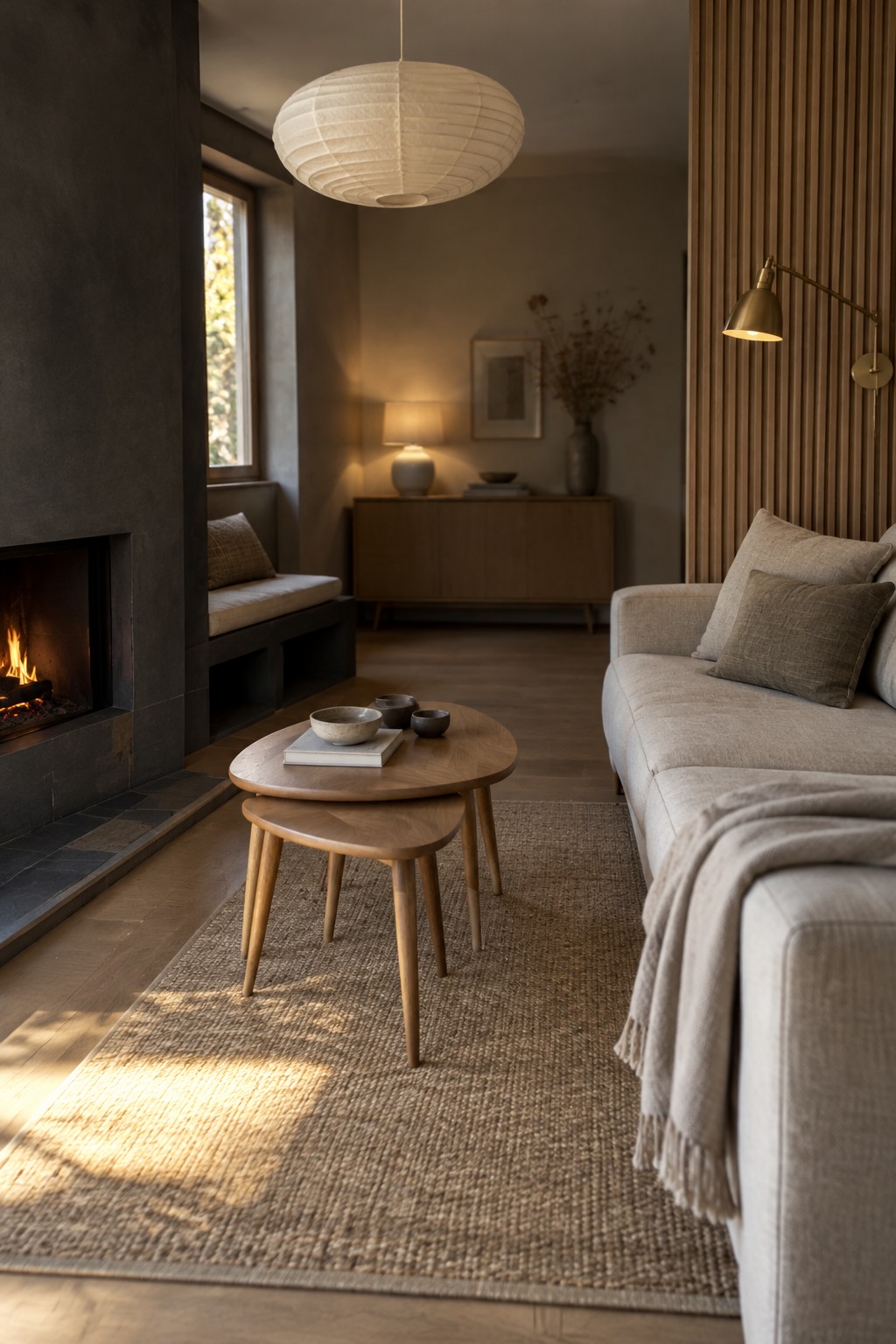 A beige sofa faces two small wooden coffee tables in a narrow living room with a fireplace and built-in bench.