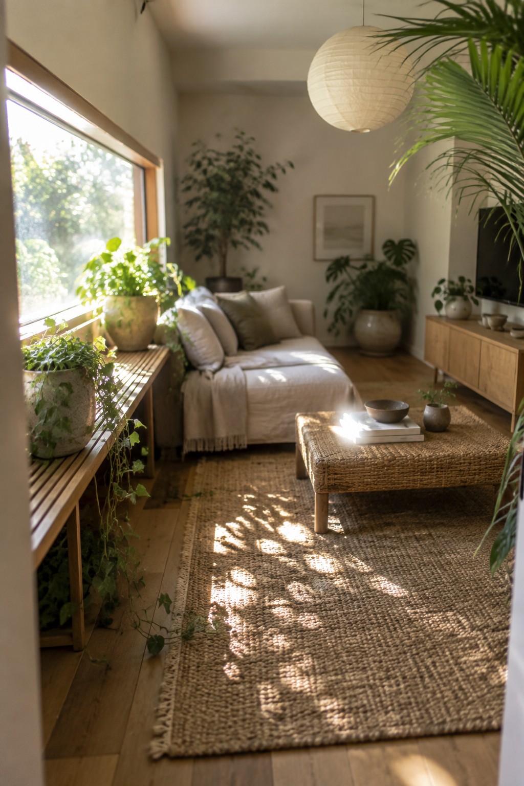 A narrow living room with a compact sofa, woven coffee table, and large jute rug.