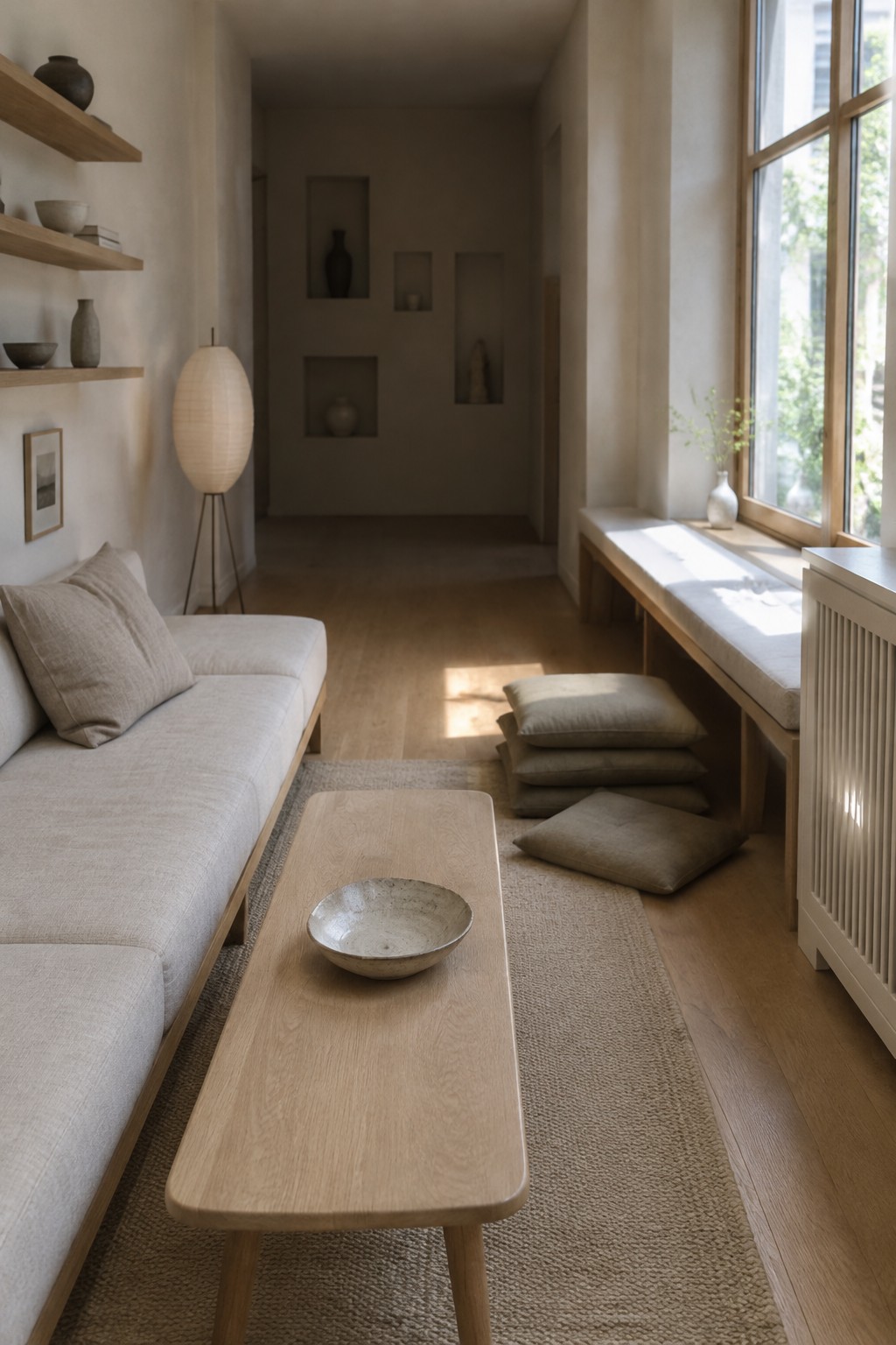 A narrow living room with a light sofa, wooden coffee table, and built-in bench beneath tall windows.