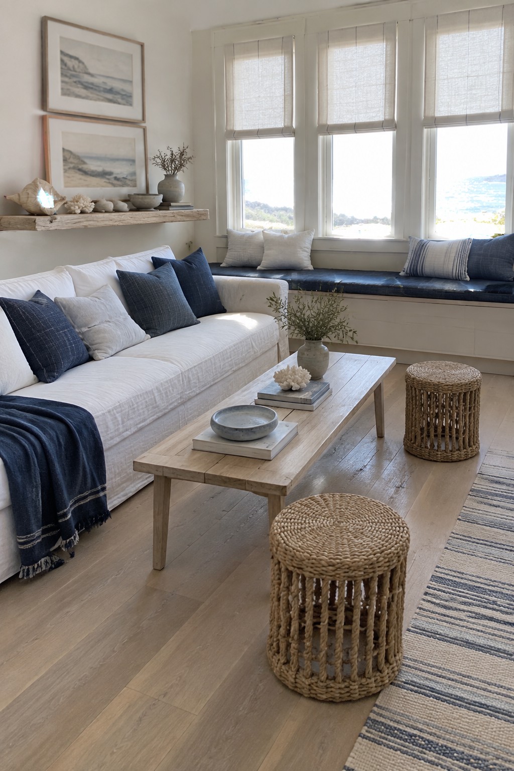 A narrow living room with a white sofa facing a built-in window bench, a light wood coffee table, and woven stools.