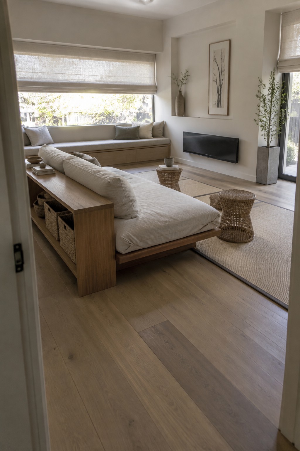 A narrow neutral living room with a built-in window bench, a low wood sofa, woven stools, and a wall-mounted television.